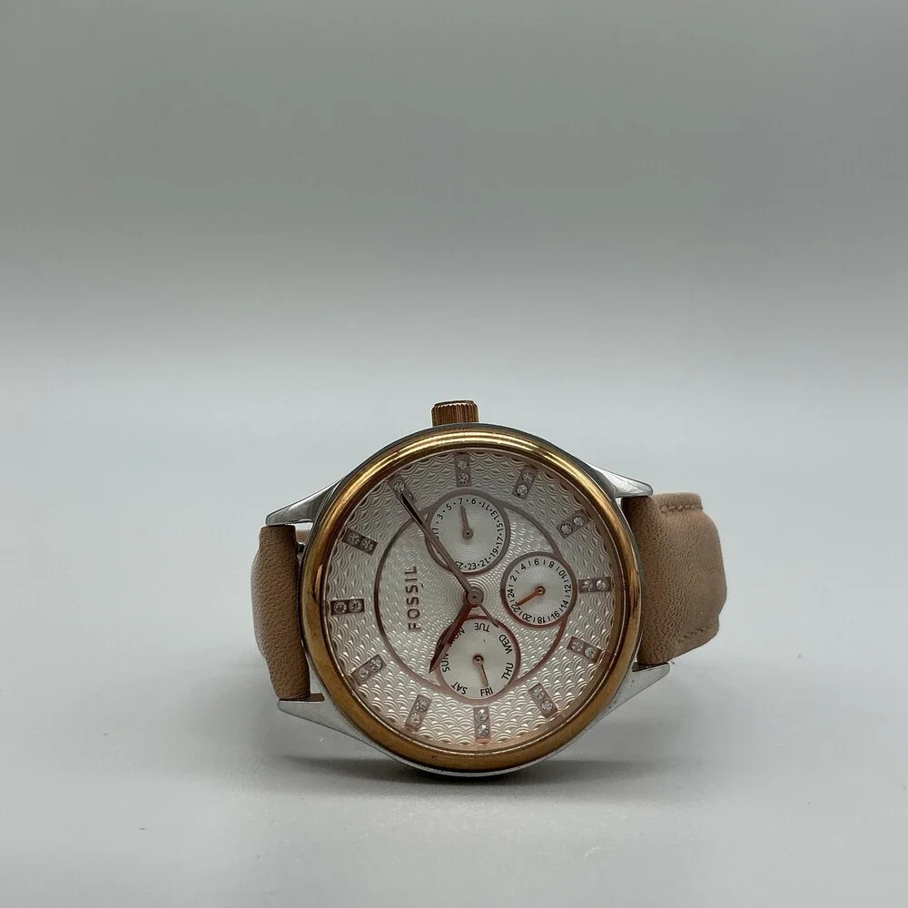 Fossil Womens Watch 36mm Rose Gold Tone Beige Leather Day Date New Battery